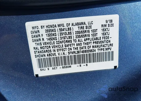 2009 Honda Odyssey Ex-L z USA, uszkodzony, nr VIN 5FNRL38749B009624